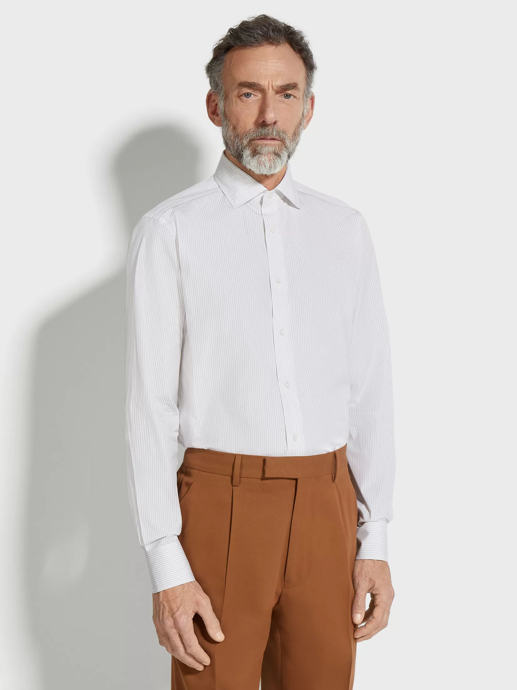 Store ZEGNA Camisa de Algodón Centoventimila a Rayas Color Blanco y Caqui Blanco/Caqui