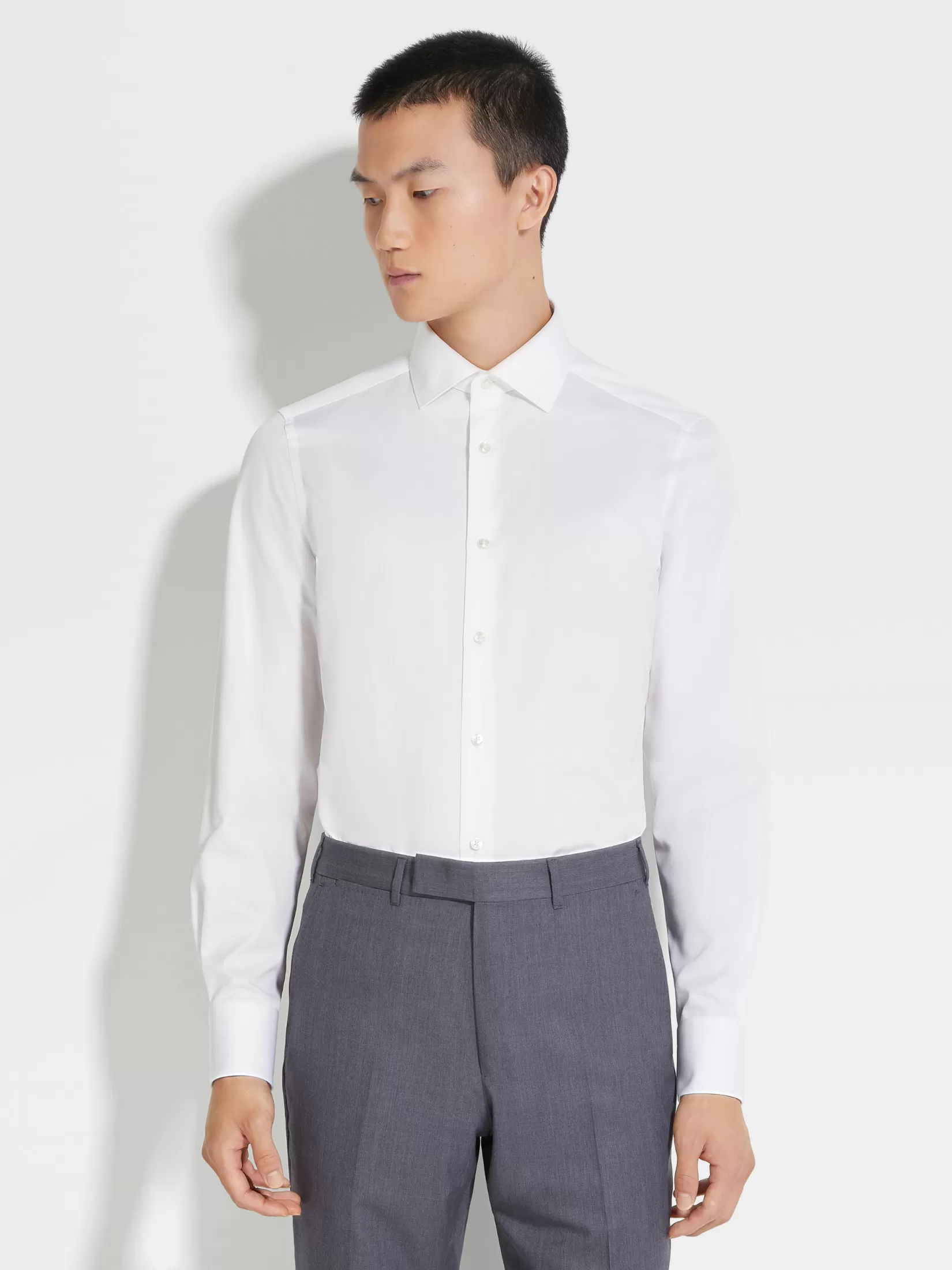 Store ZEGNA Camisa de Algodón Trecapi con Rayas Pequeñas Estructuradas Color Blanco
