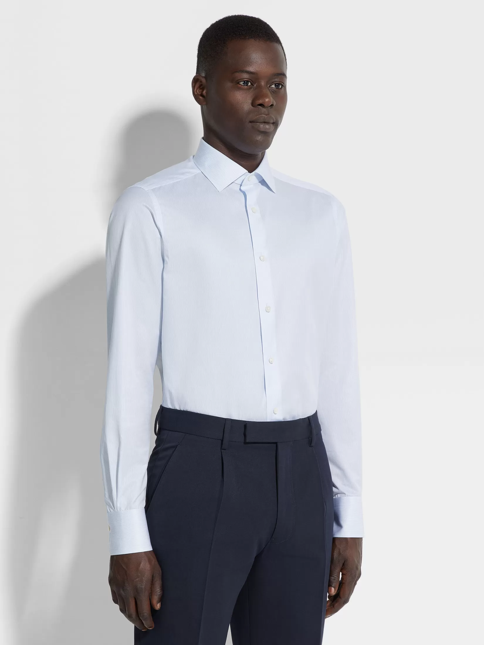 Hot ZEGNA Camisa de Algodón Trofeo™ con Rayas Pequeñas Color Blanco y Azul Claro Blanco/Azulclaro