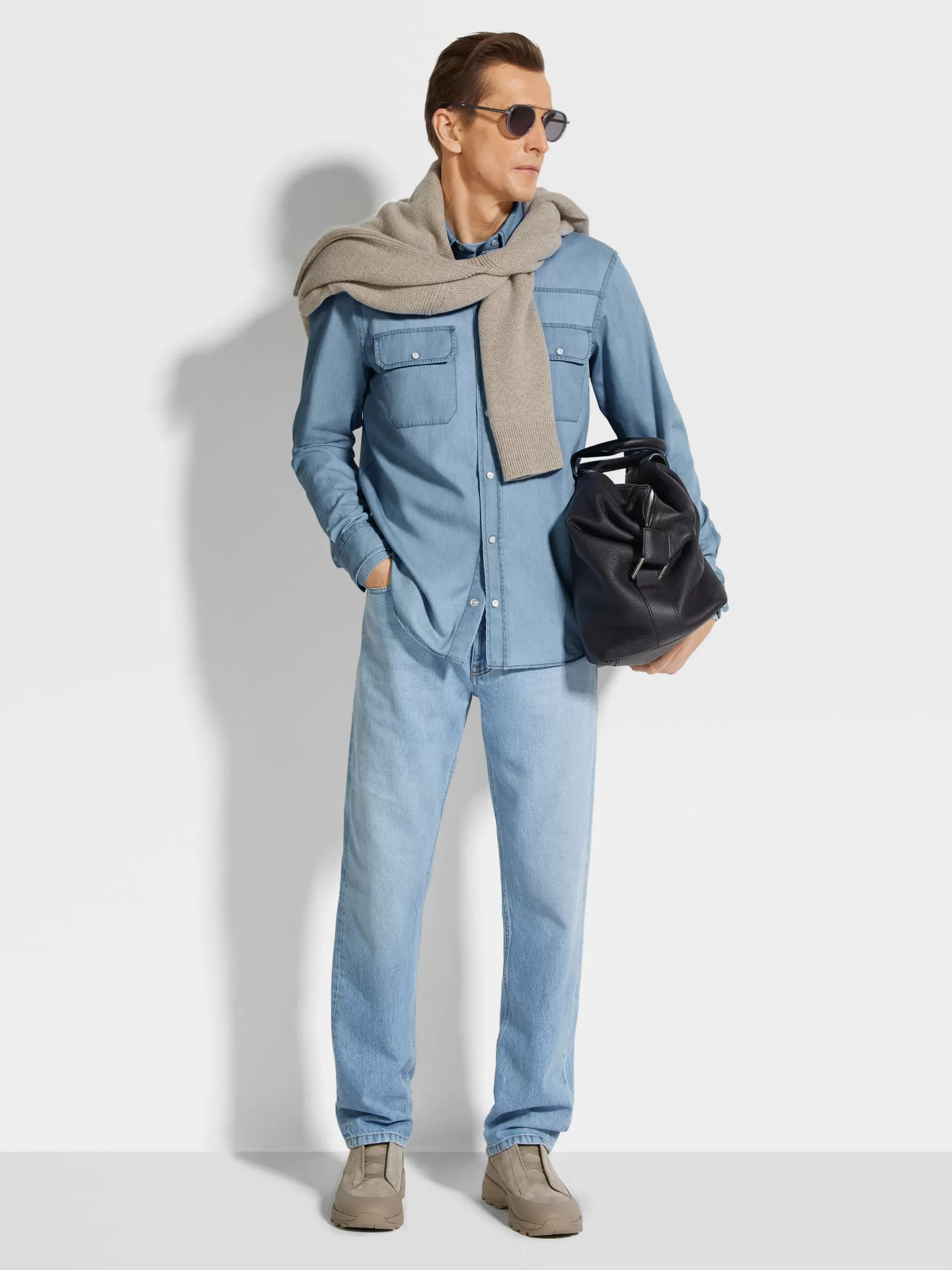 Online ZEGNA Camisa Vaquera en Algodón Descolorida Azulclaro