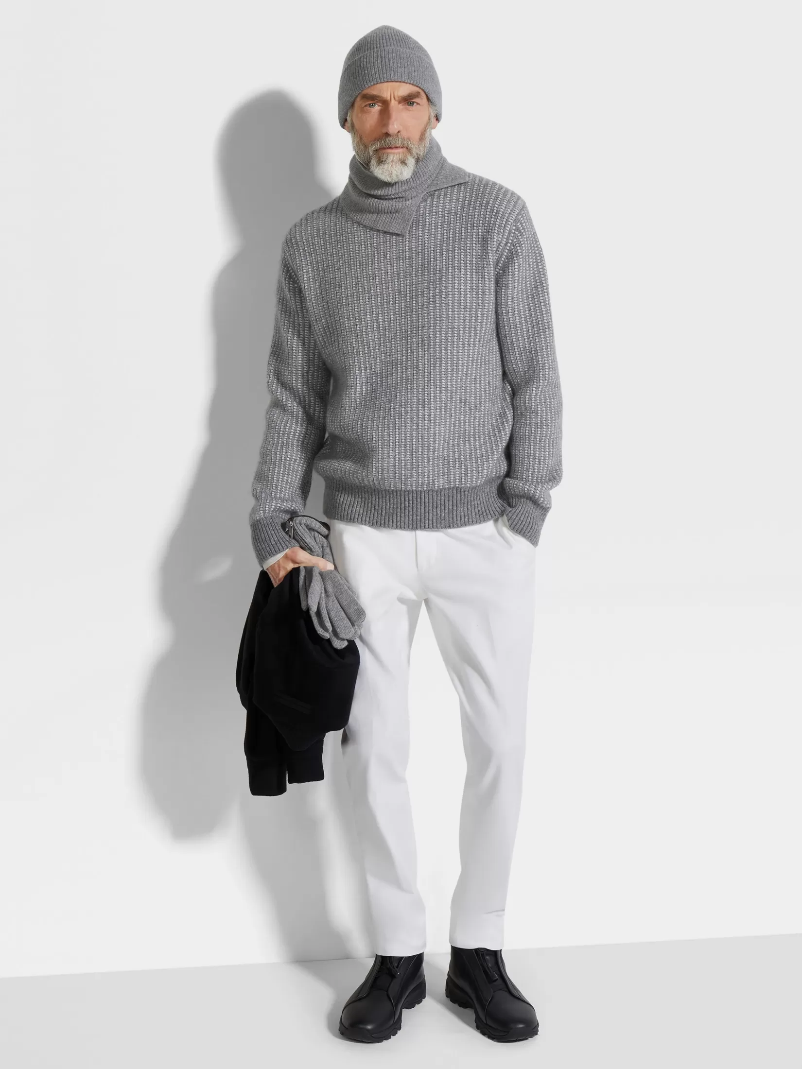 Discount ZEGNA Jersey de Cuello Redondo en Cachemira, Mohair y Seda Gris y Blanco Gris/Blanco