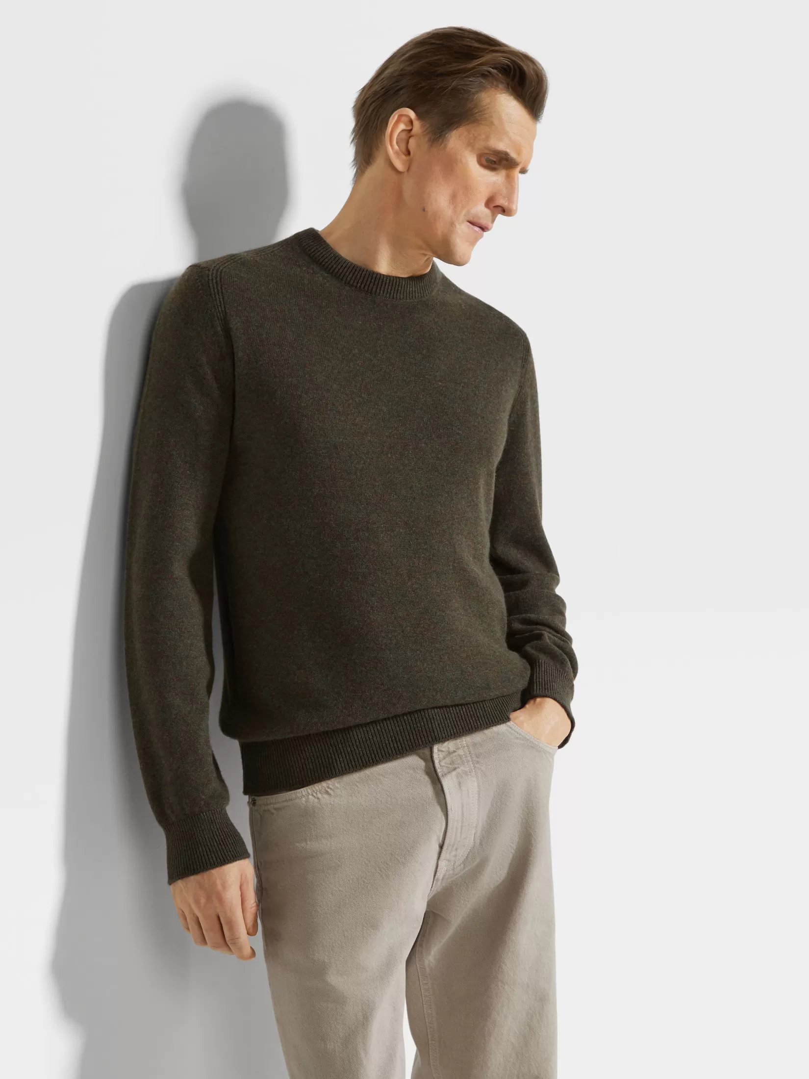 Flash Sale ZEGNA Jersey de Cuello Redondo en Oasi Cashmere Color Verde Militar Jaspeado Verdemilitarjaspeado